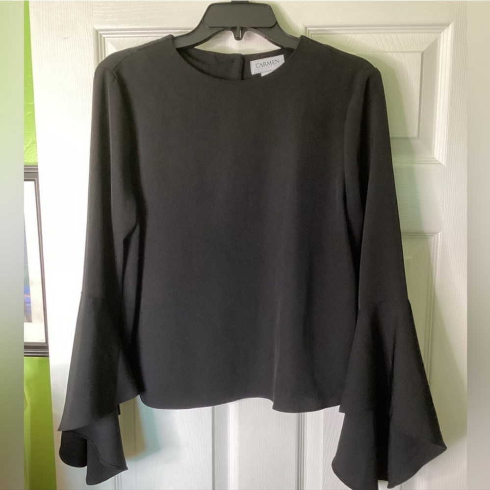 Carmen Marc Valvo cropped black blouse with big bell sleeves. Great condition.
